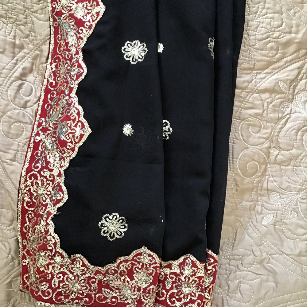 New black with red gold border dinner party saree